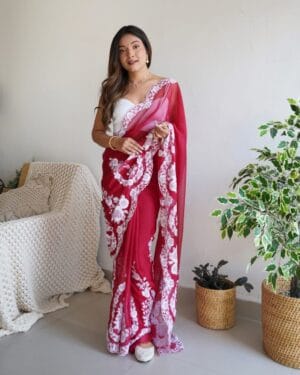 Beautiful Pure Thai Organza Silk Saree ( Red )